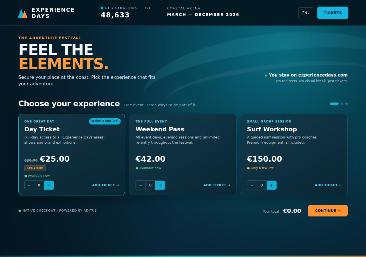Experience-Days-Eventseite mit eingebettetem Ticketshop: Ticketkategorien, Artikeldetails, Preise und Mengenauswahl